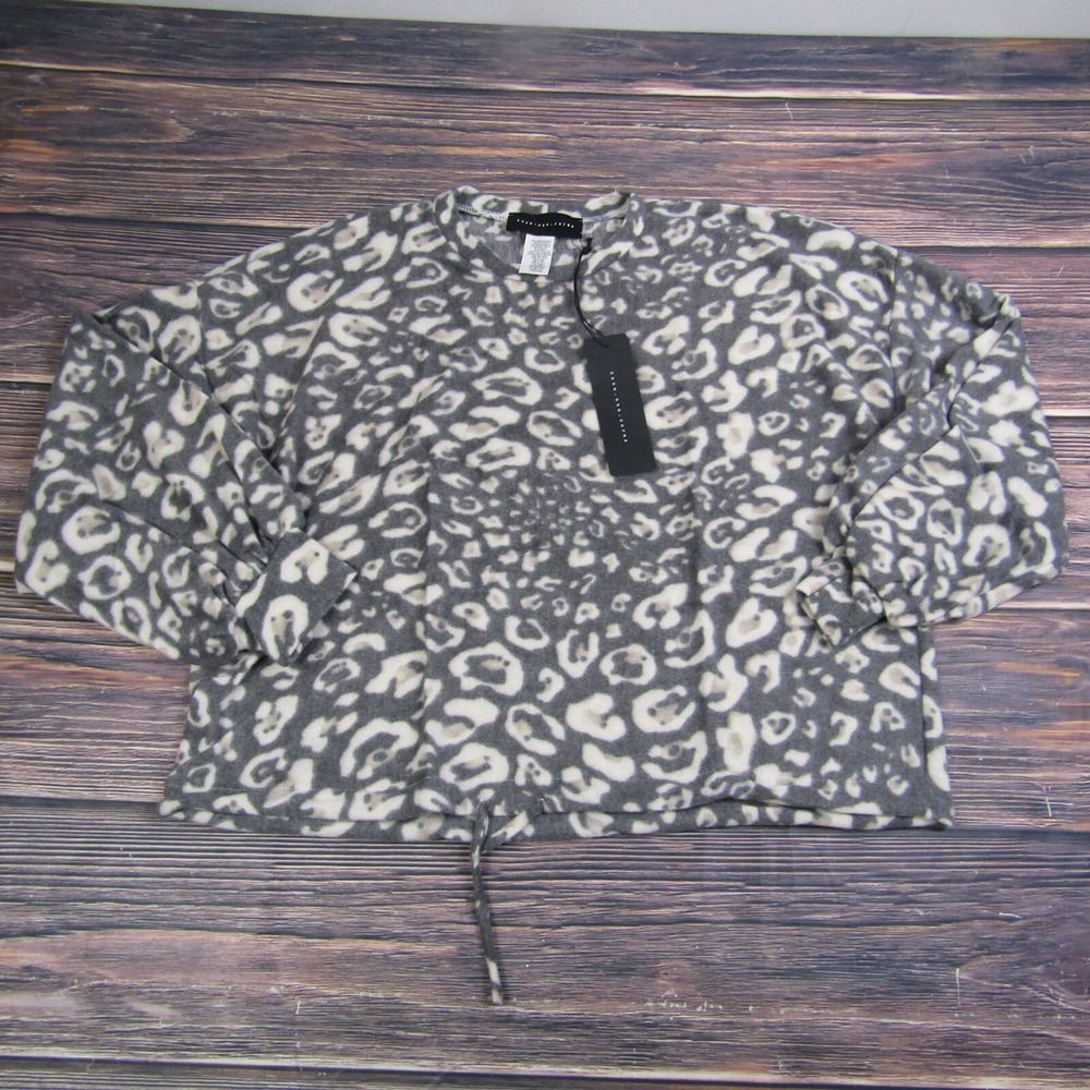 Know One Cares NEW Womens Large Gray White Crewneck Puff Sleeve Sweater